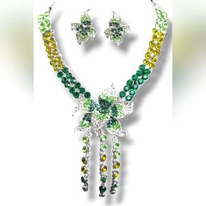 Silver plated green & white crystal flower necklace earrings set